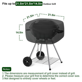 Bonnary grill cover side view shows fit around a compact grill with exposed wheels