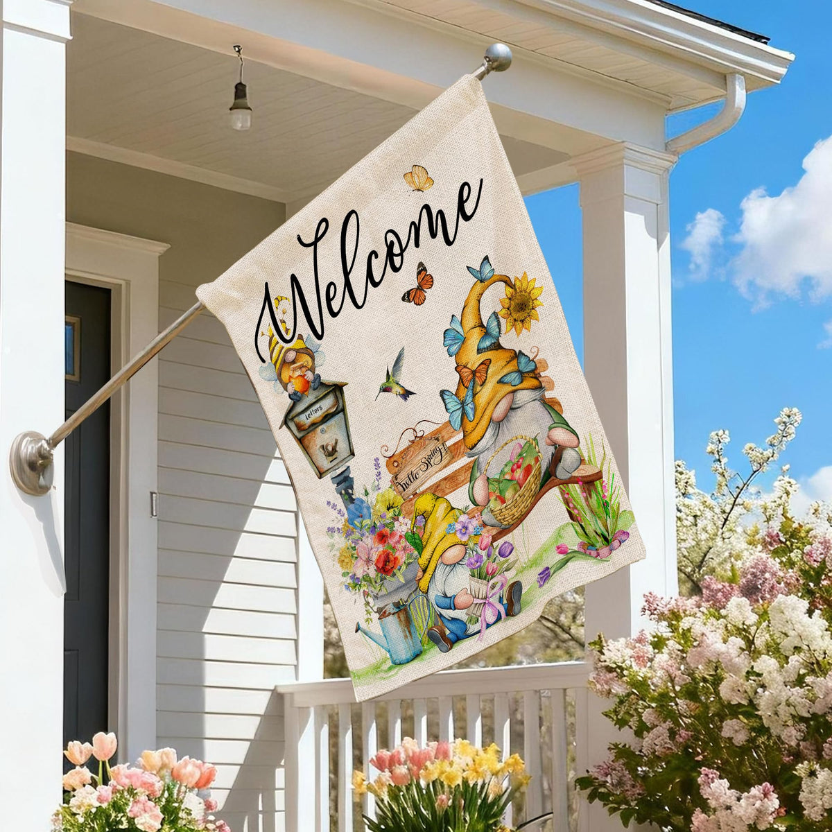Bonsai Tree outdoor garden flag showcasing spring flowers and weather resistance.