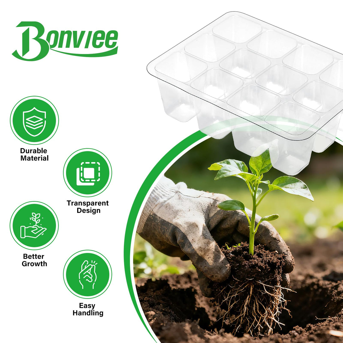 Bonviee seed starter tray supports diverse seeds from germination to transplant.