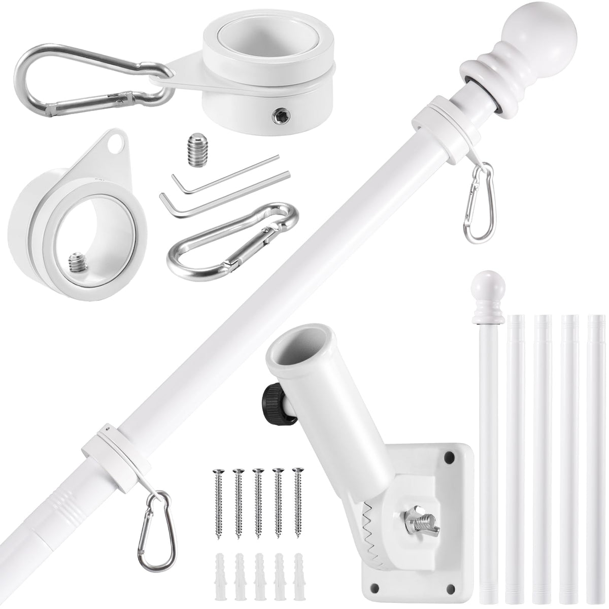 BONWIN 6ft white flagpole kit, assembled, for outdoor display.