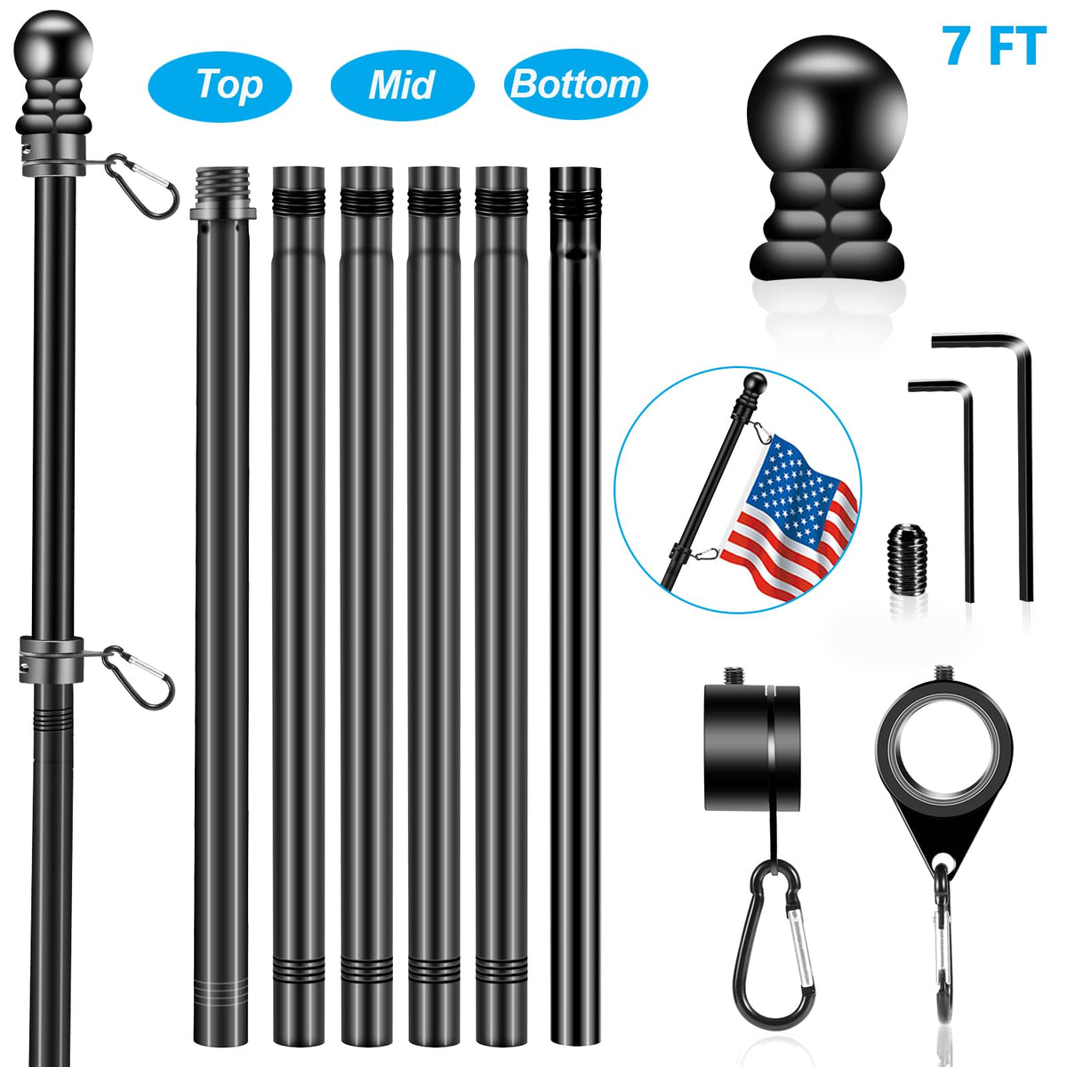 BONWIN adjustable flag pole sections allow tailoring length for 3x5' or 4x6' flags.