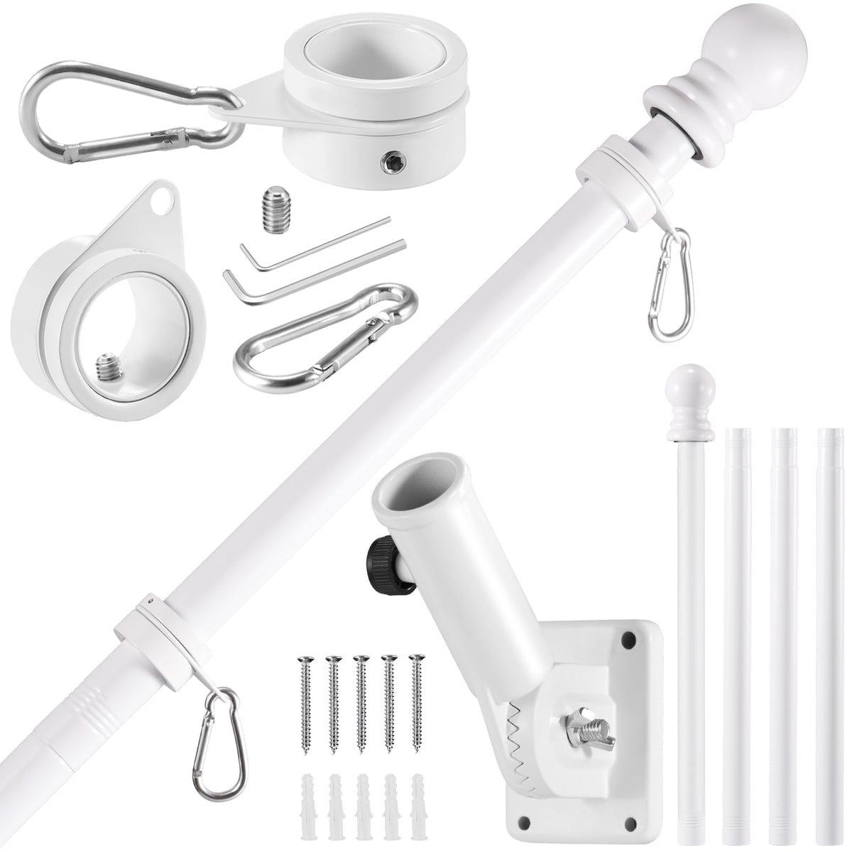 BONWIN white flagpole kit 5ft mounted on a porch for a crisp outdoor flag display.