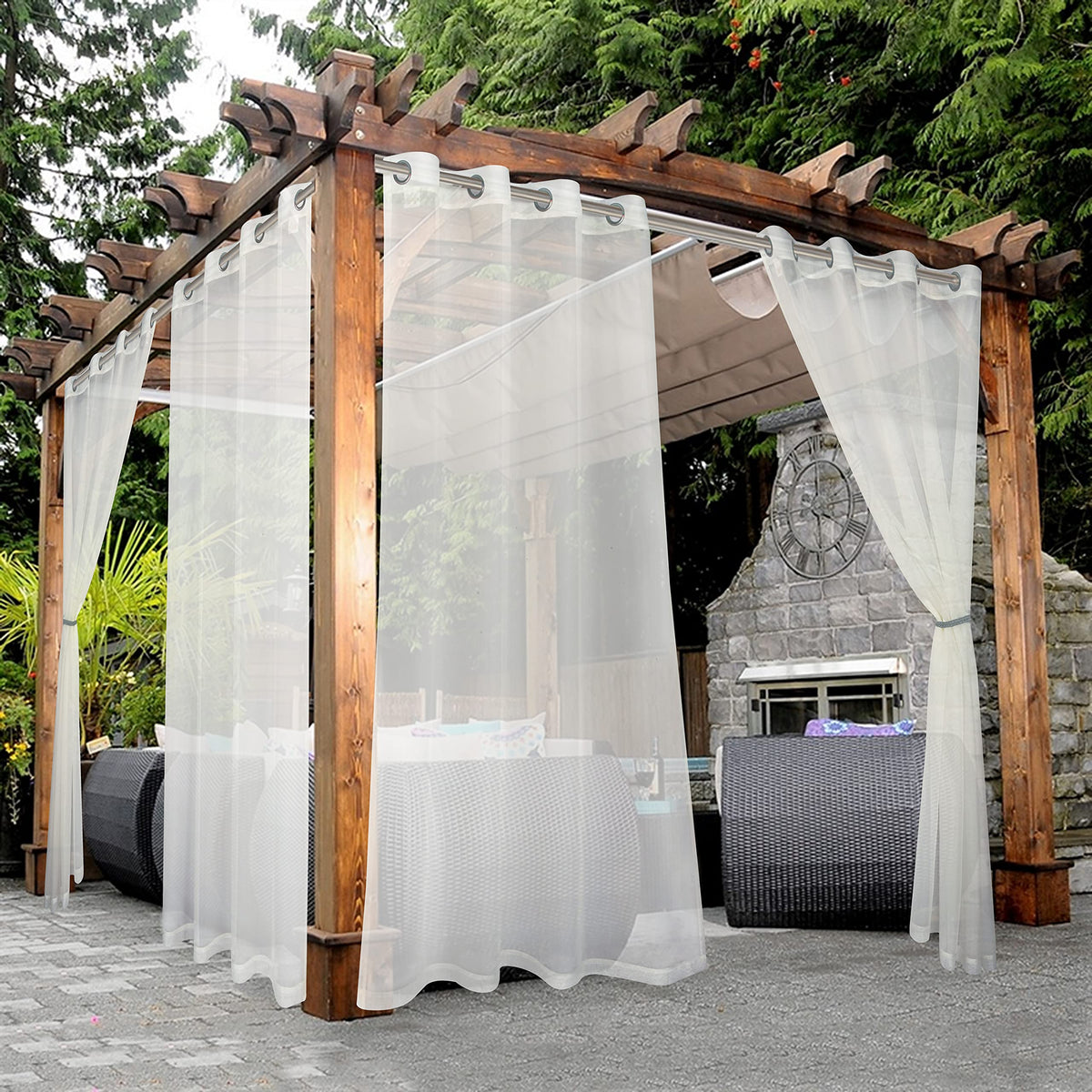 BONZER sheer outdoor curtains on patio with grommets for easy installation and privacy.