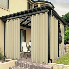 BONZER waterproof outdoor curtains cream 54x84 on patio blocking weather and adding privacy