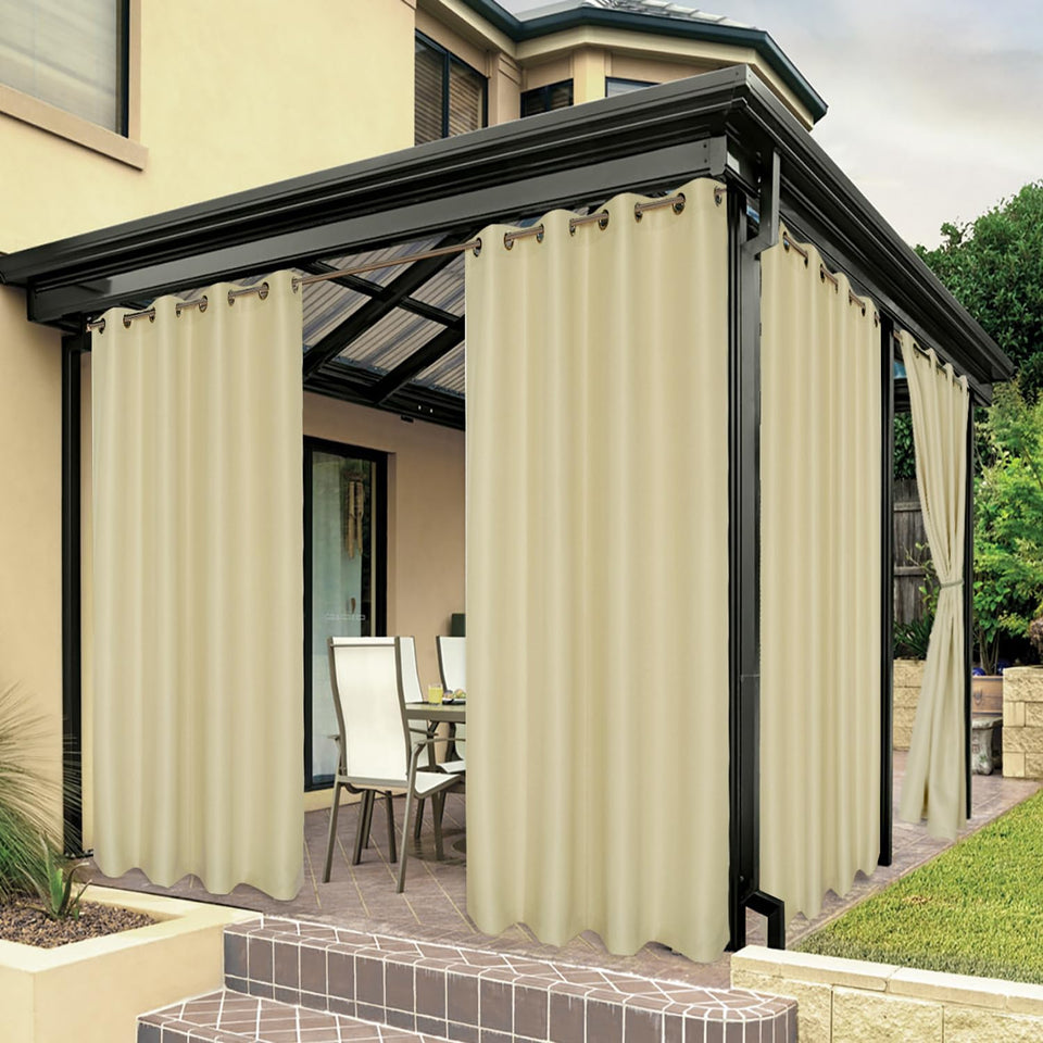 BONZER waterproof outdoor curtains cream 54x84 on patio blocking weather and adding privacy