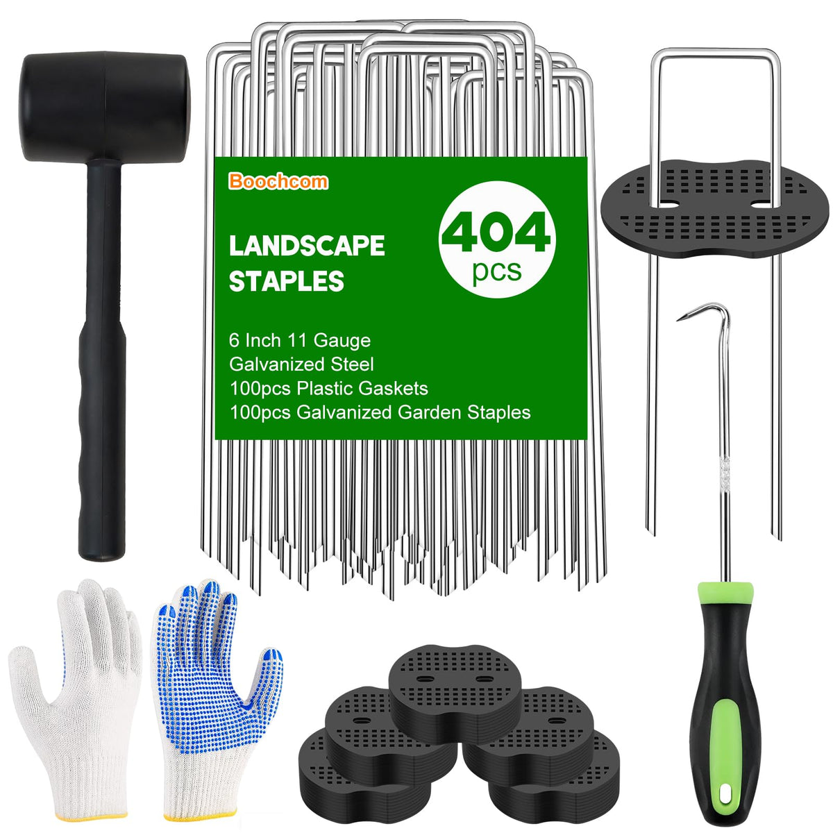 Boochcom Turf Nails Set packaging displaying all included components for garden projects