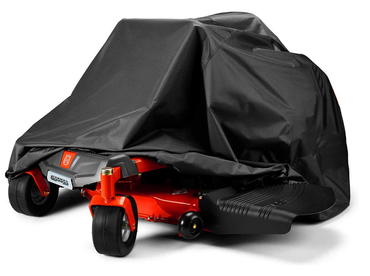 BoomBa zero-turn mower cover shields a 60-inch deck from sun and rain.