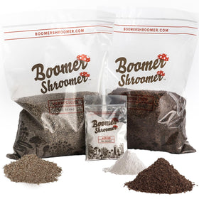 Boomer Shroomer dry bulk substrate blend for coco coir, vermiculite, and gypsum supporting robust mycelial growth