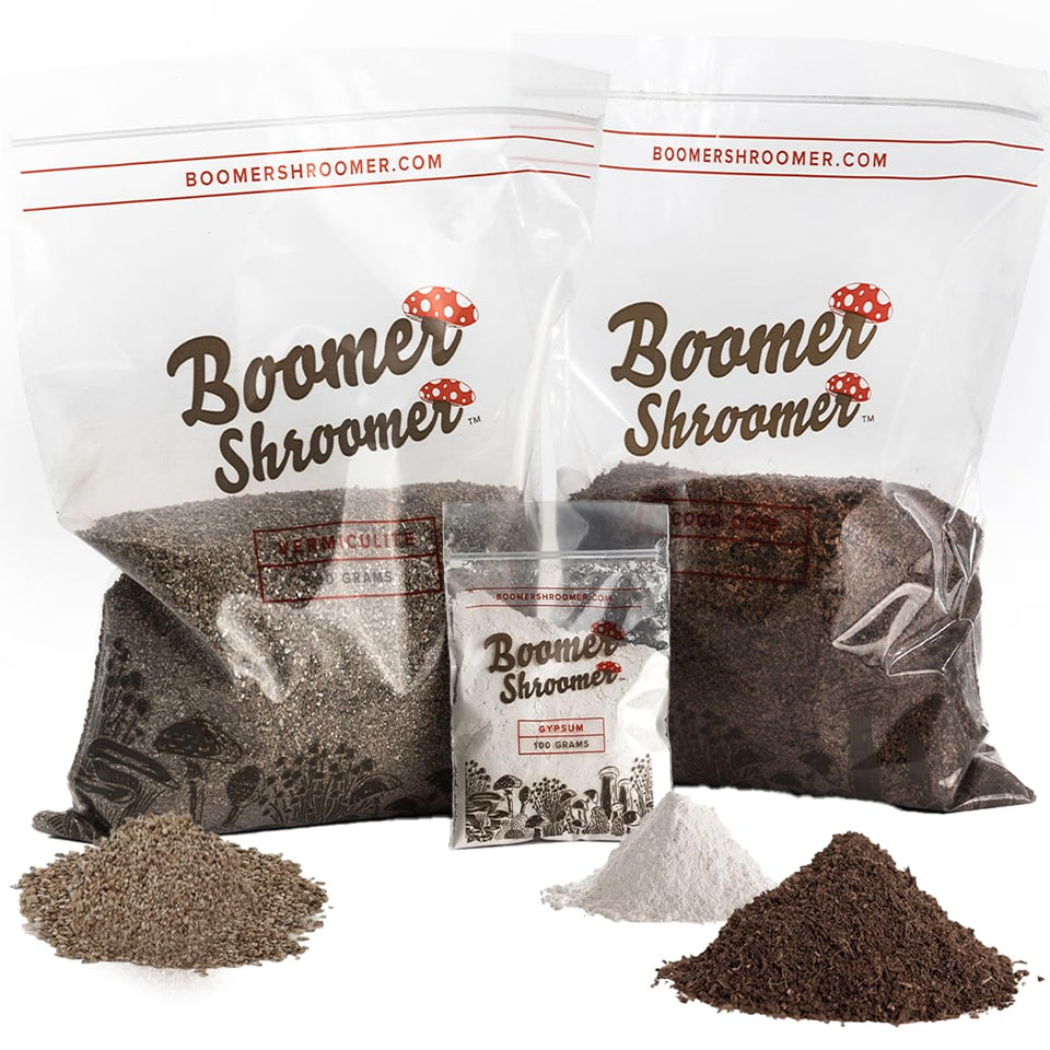 Boomer Shroomer dry bulk substrate blend for coco coir, vermiculite, and gypsum supporting robust mycelial growth