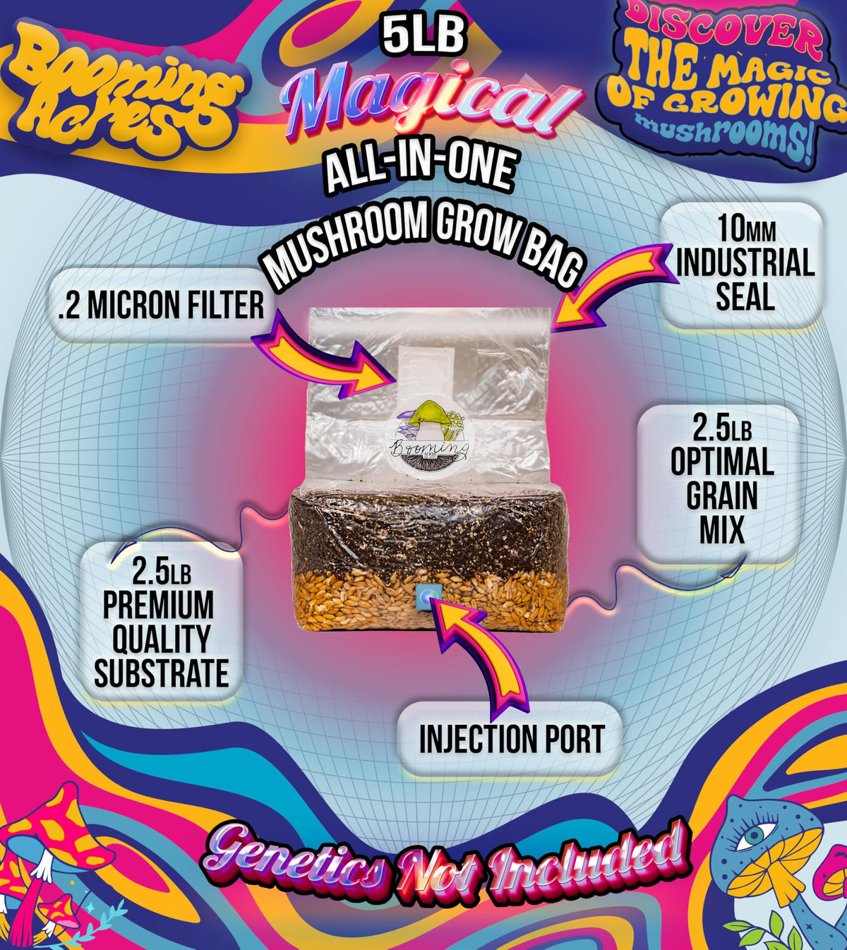Booming Acres 2-5lbs hydrated grain and substrate mix supports diverse mushroom varieties