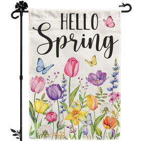 BoopZilla Tulip Hello Spring flag front view for outdoor curb appeal