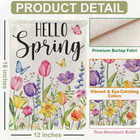 BoopZilla Tulip Hello Spring flag porch view highlighting seasonal decor