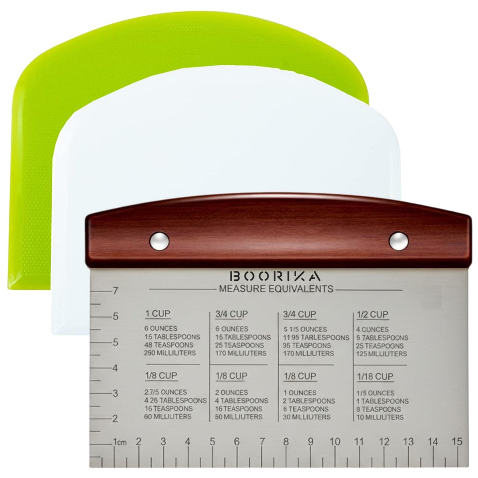 Boorika stainless steel dough scraper with measurement guide for precise portions