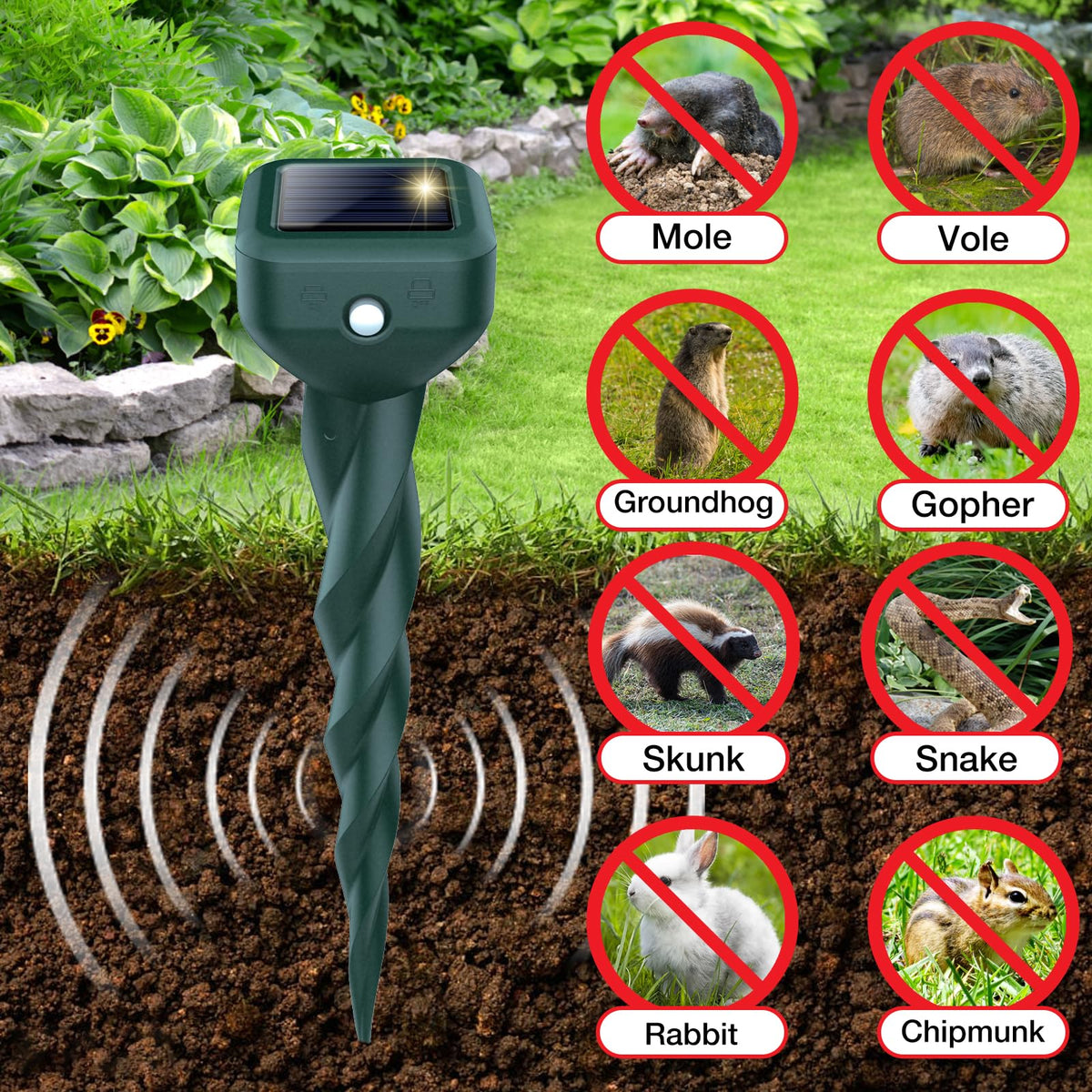 BORHOOD Mole Repellent Solar Stake installed in soil to deter burrowing