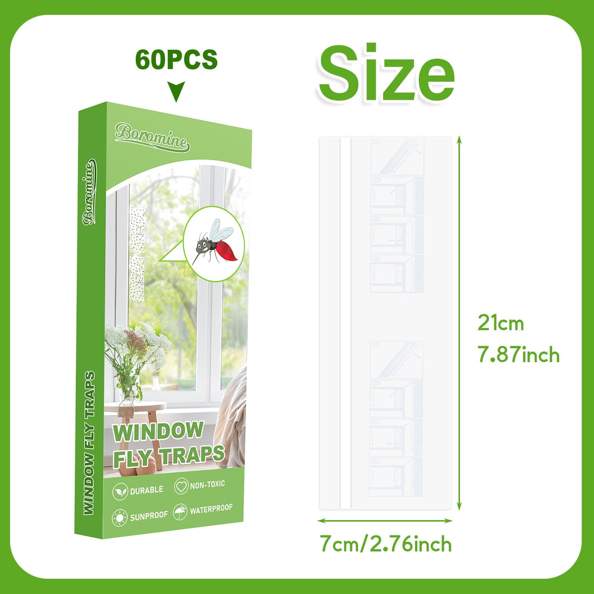 Boromine clear adhesive strip 8x3in ready to trap flies discreetly.