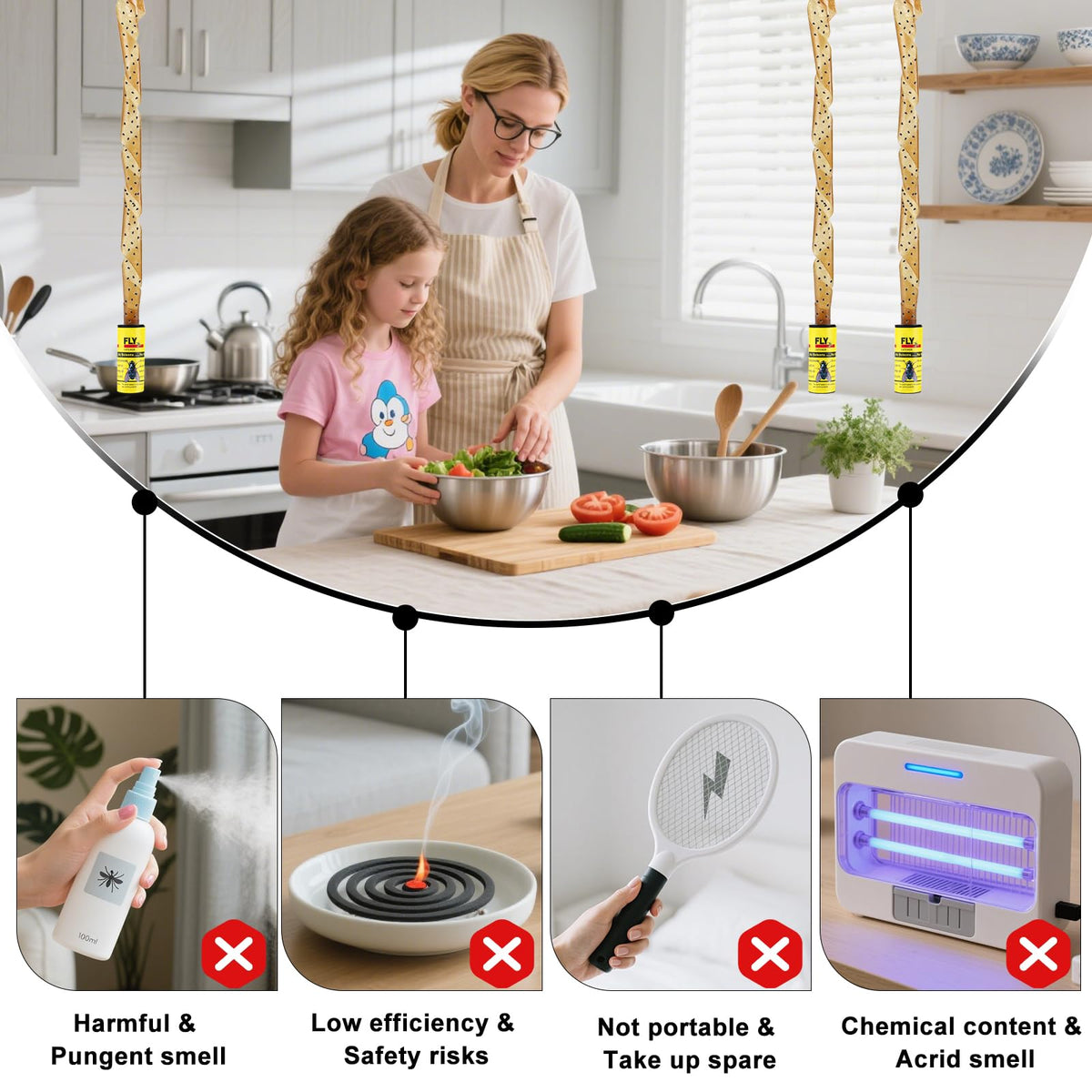 Boromine fly strips in use showing easy, touch-free disposal.