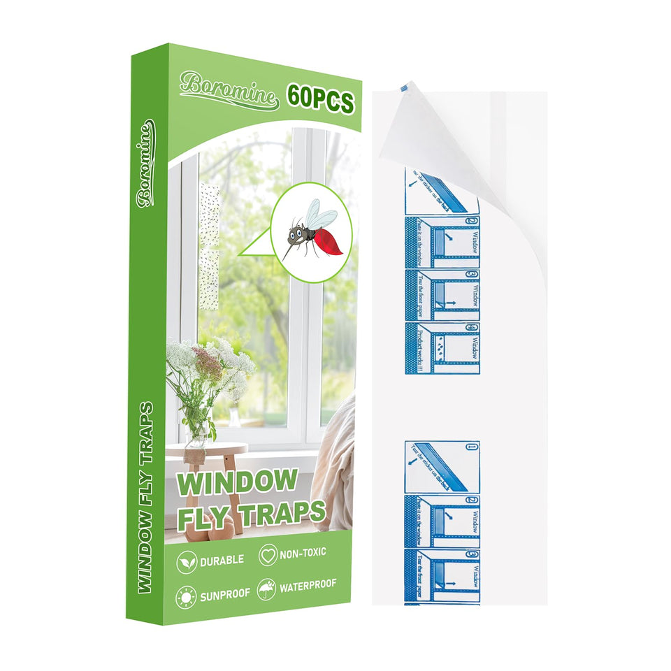 Boromine window fly trap sticker 60-pack shown on glass captures insects with non-toxic adhesive.