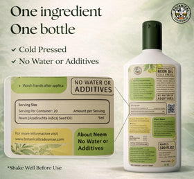 Close-up of the Botanical Tradesman Neem Oil bottle highlighting a single-ingredient source.