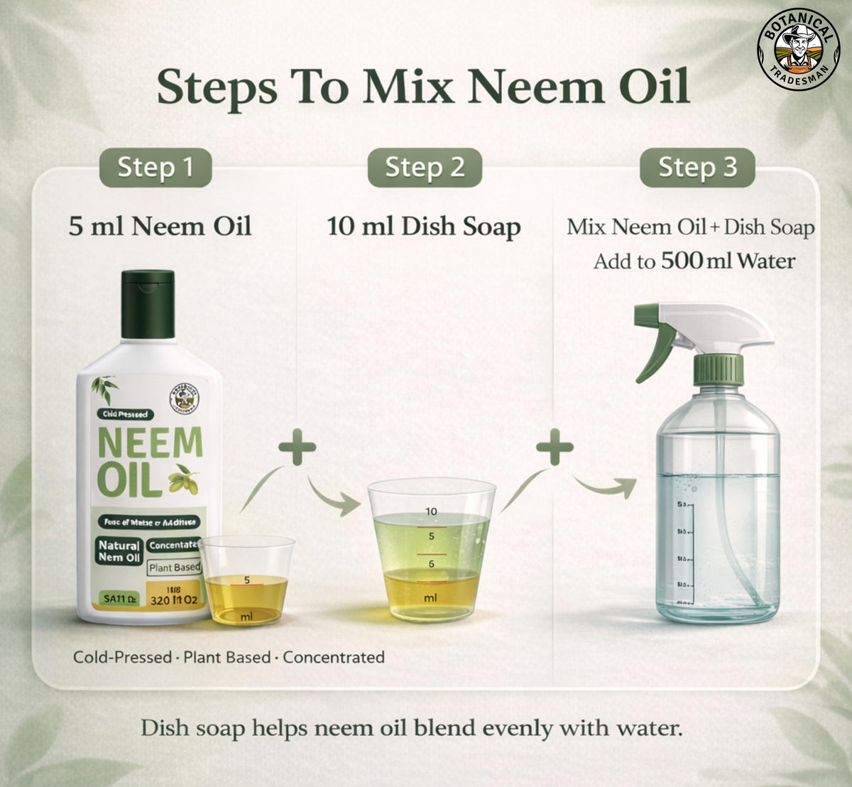 Botanical Tradesman Neem Oil emulsifying with water for even distribution.