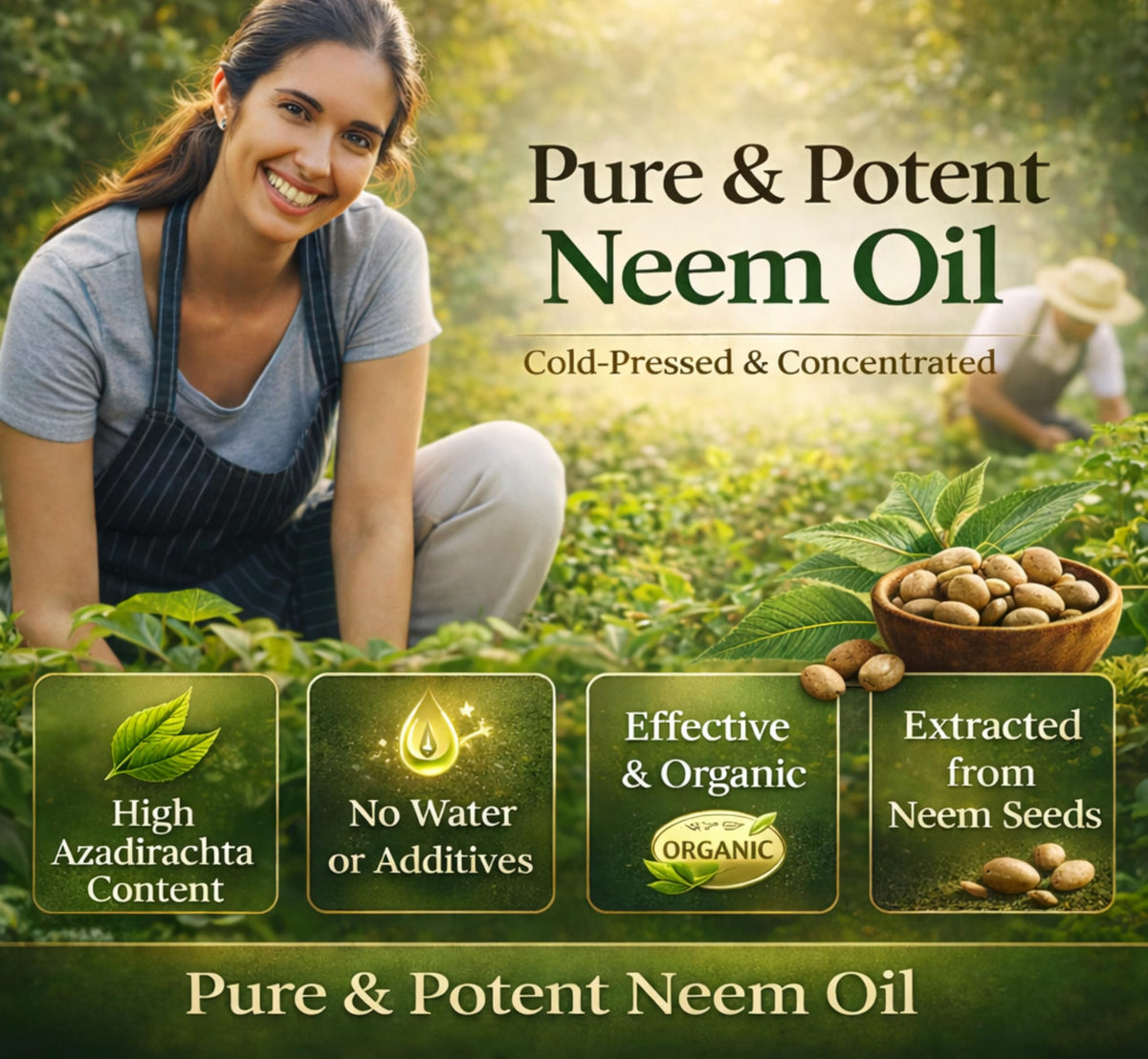 Simple plant-based ingredient concept spotlighted by Neem Oil bottle.
