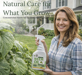 Botanical Tradesman Neem Oil Spray bottle with dilution-ready instructions for lush plants.