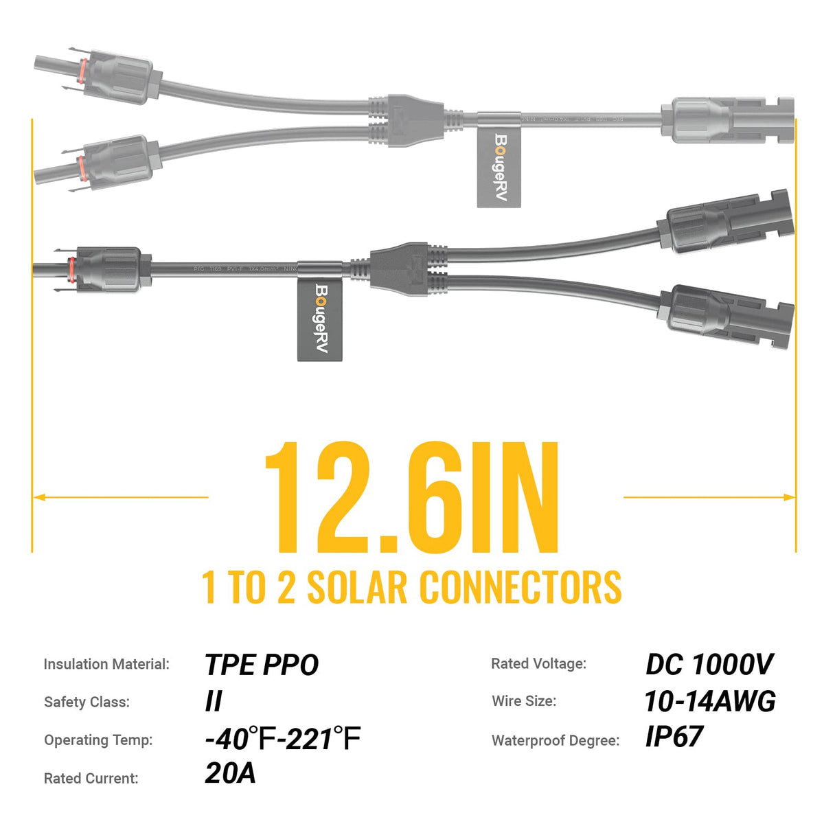 BougeRV connectors compatible with 14-10 AWG solar cables.
