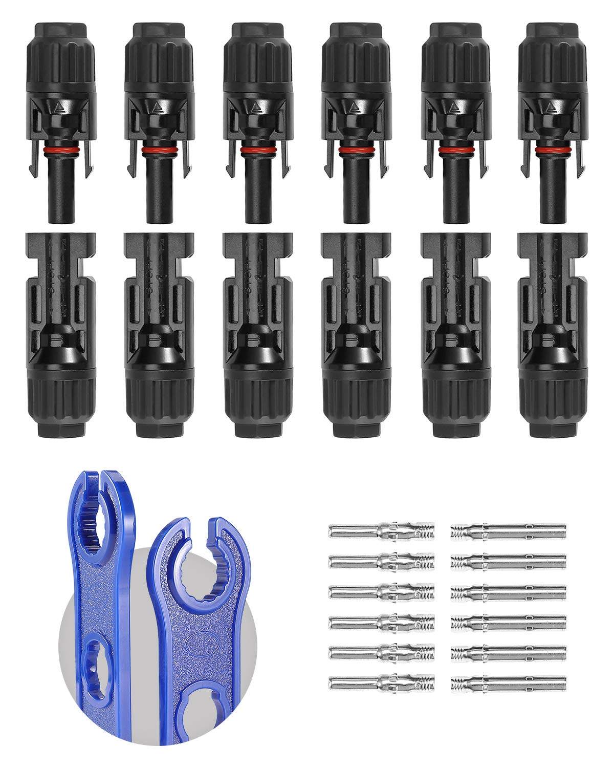 BougeRV solar connectors kit with six male and female pairs for quick panel connections.