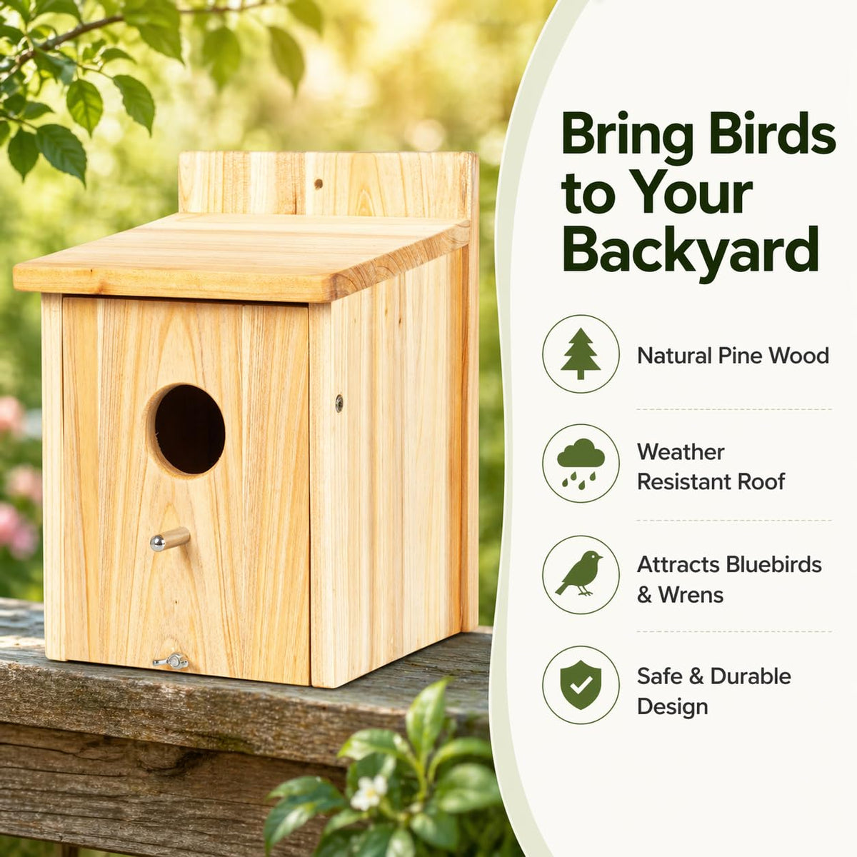 BoughPeace wooden bird house cardinal-nest-box in garden for safe shelter