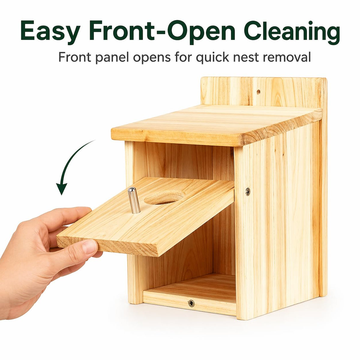 BoughPeace wooden bird house finch-nest-box beside fence for viewing
