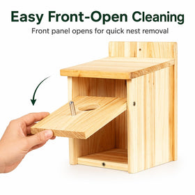BoughPeace wooden bird house finch-nest-box beside fence for viewing