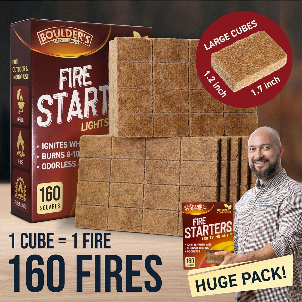Close-up of BOULDER'S FIRESIDE LEGACY firestarter cubes showing natural composition.