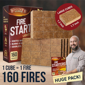 Close-up of BOULDER'S FIRESIDE LEGACY firestarter cubes showing natural composition.