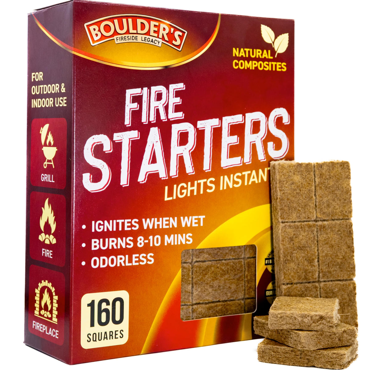 BOULDER'S FIRESIDE LEGACY firestarter cubes packaging ready for bulk use and storage.