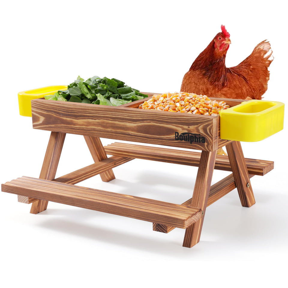 Boulphia chicken-feeders-waterers-picnic-table shown in coop, keeping feed clean and accessible.
