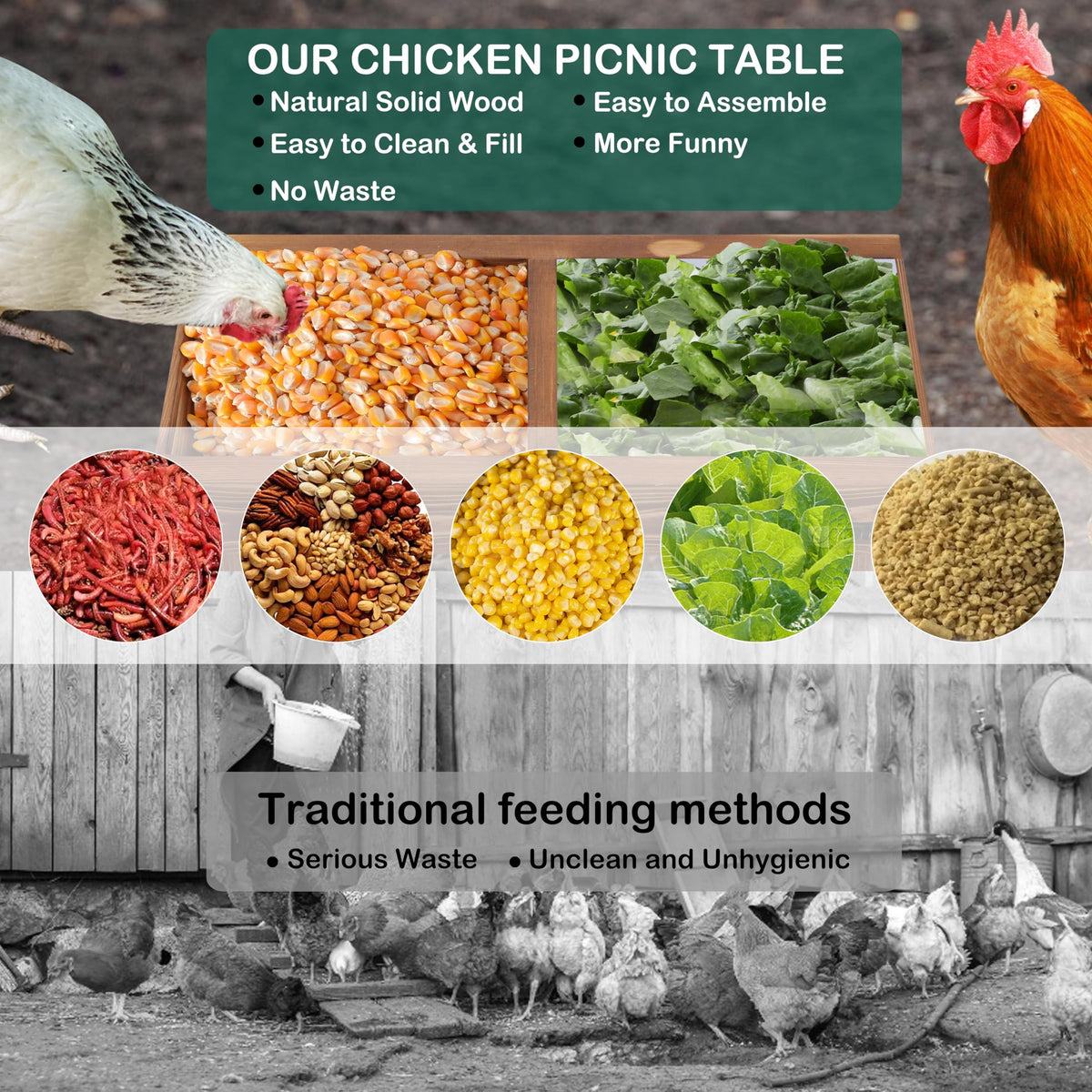 Boulphia wooden-chicken-feeder-mesh-bottom keeps feed dry and reduces ground contact.