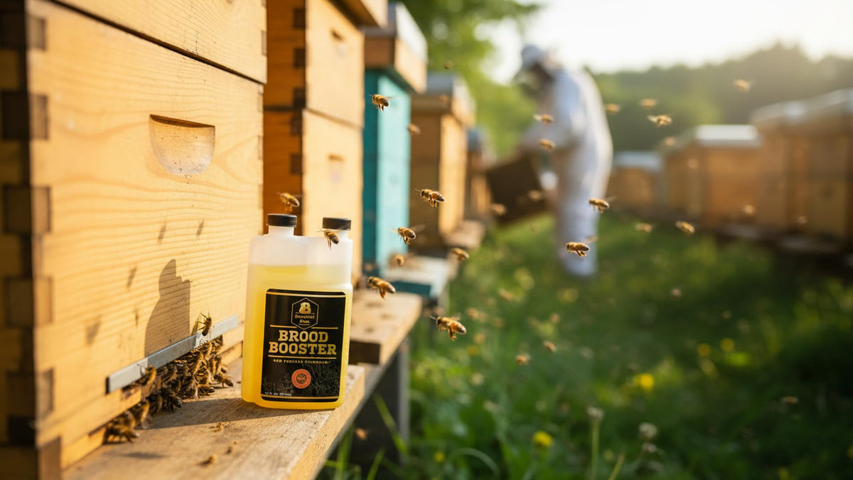 Bountiful Bees Brood Booster beside frames illustrating syrup usage