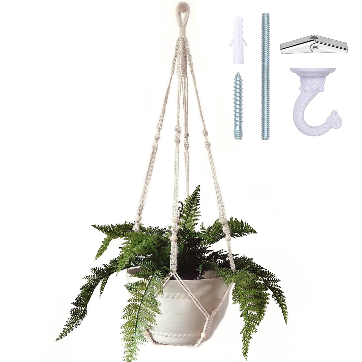 Bouqlife 43-inch macrame hanger holds larger pots with ivory cotton for a warm display.