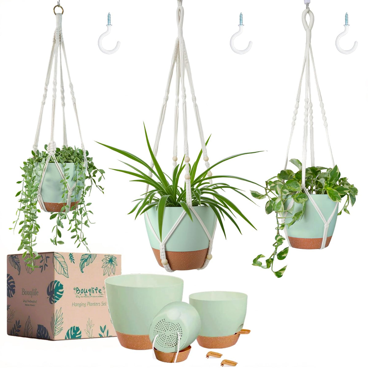 Bouqlife large hanging planter with macrame hanger for indoor decor and space saving.