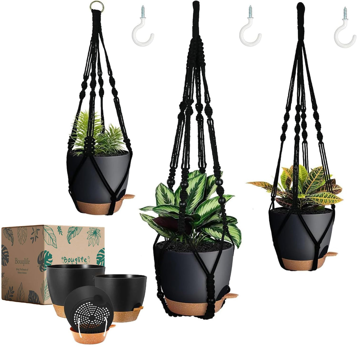 Bouqlife self-watering hanging planter in black adds vertical greenery with easy-care conditions.