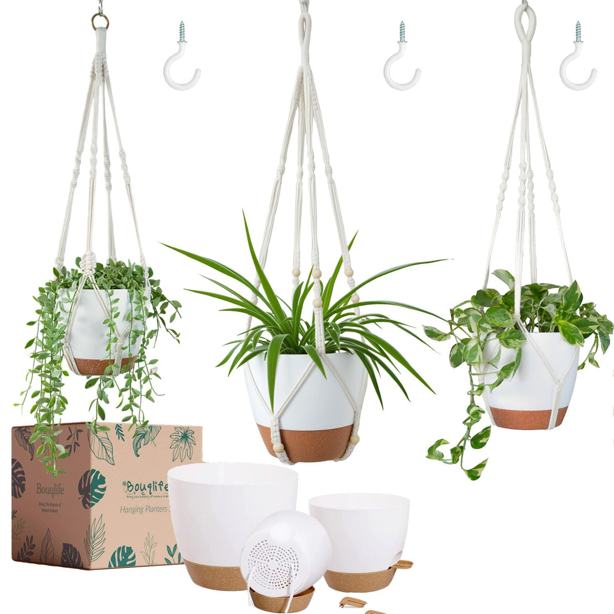 Bouqlife three-pack hanging planters with a 10-inch pot for a lush indoor display