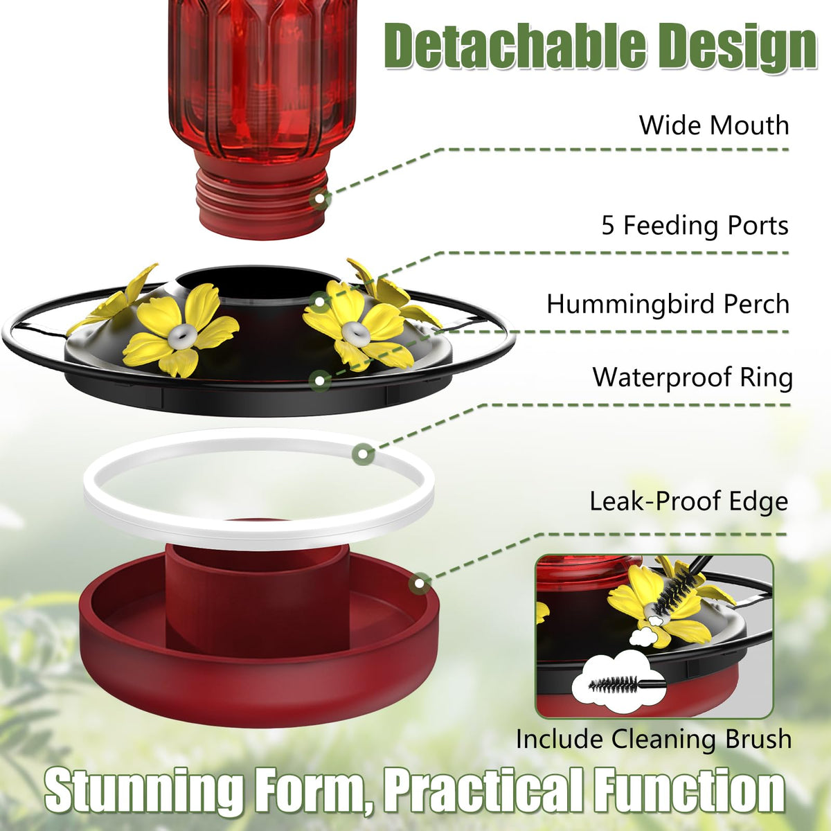 Bourid hummingbird feeder with built-in ant moat protects nectar during feeding.