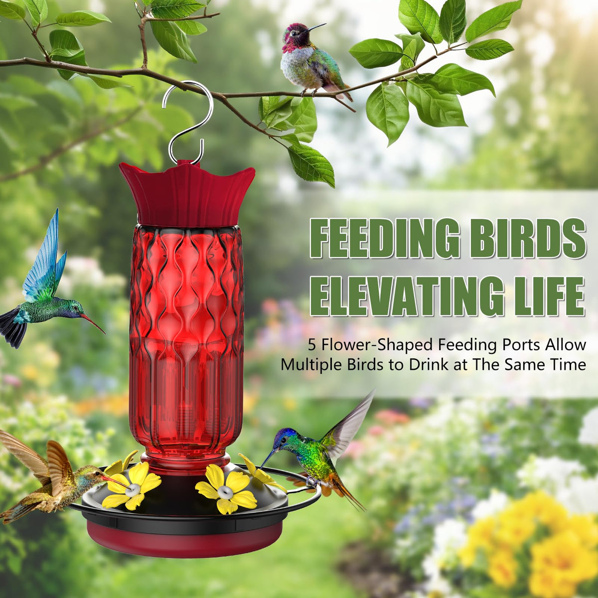 Bourid bee-proof hummingbird feeder keeps bees away while birds sip.