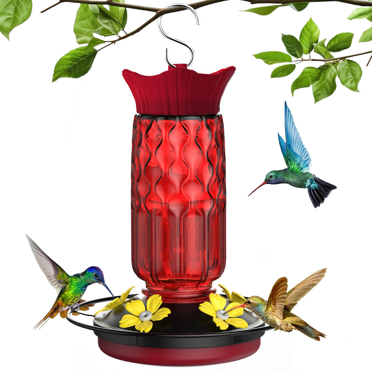 Bourid hummingbird feeder with flower-port design attracts nectar-loving birds outdoors.