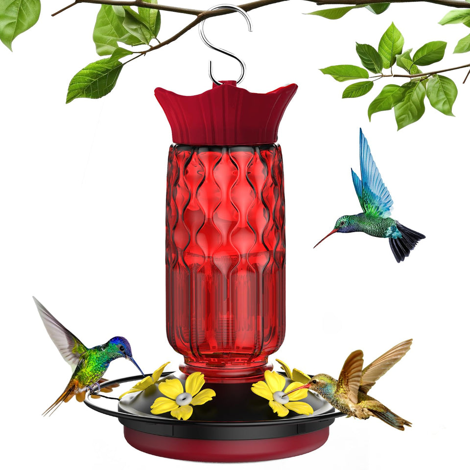 Bourid hummingbird feeder with flower-port design attracts nectar-loving birds outdoors.