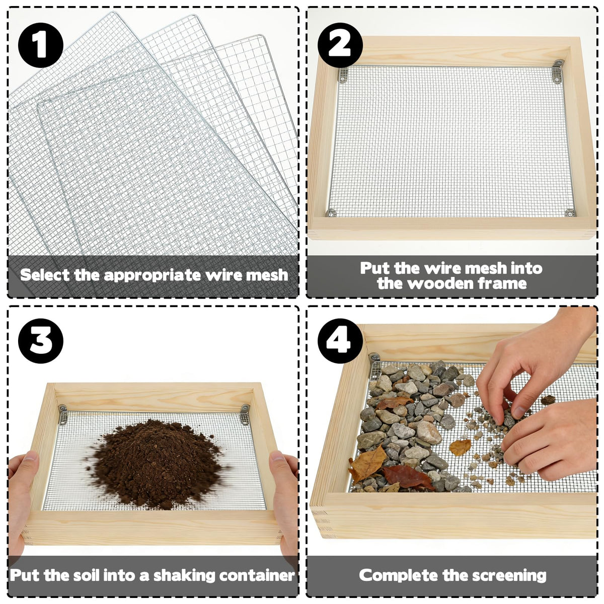 Bouticol wood dirt sifter 8mm mesh for pebbles and larger debris screening.