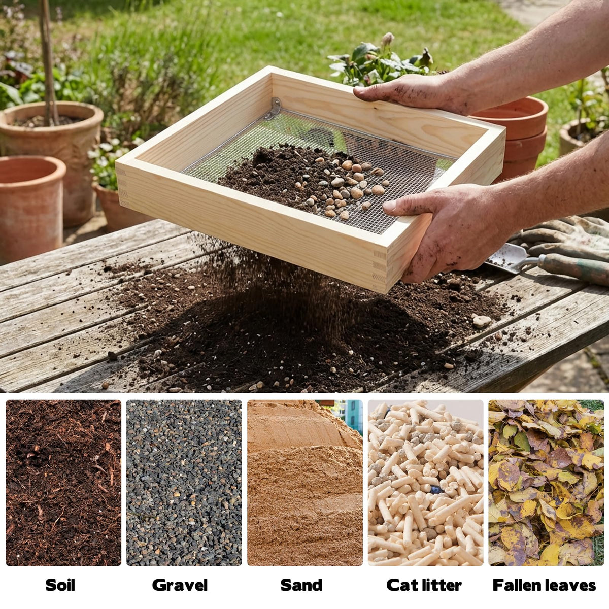 Bouticol wood dirt sifter in use, showing easy handling and mesh interchangeability.