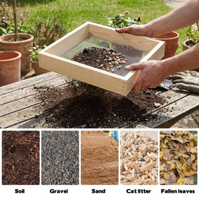 Bouticol wood dirt sifter in use, showing easy handling and mesh interchangeability.
