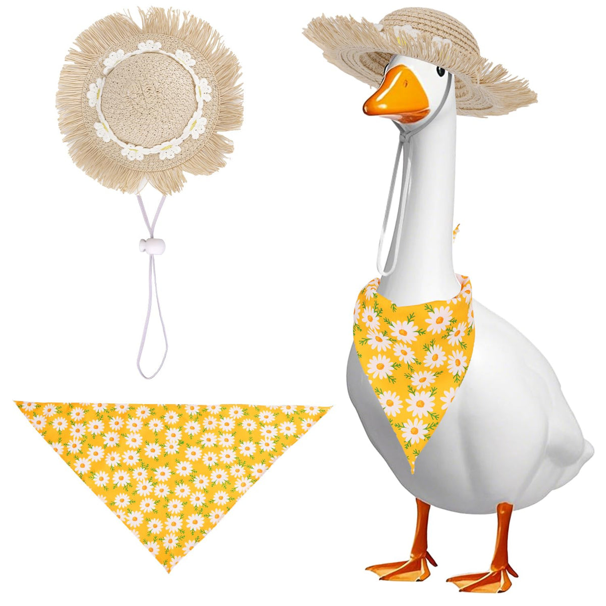 BOXOB Pastoral Goose Outfit with yellow daisy hat enhances patio charm