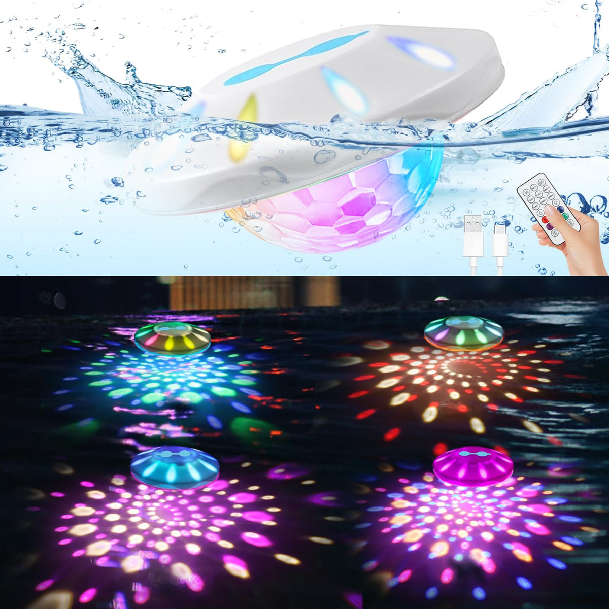 BOXPSII Floating Lights in pool top view create vibrant ambiance for night swims.