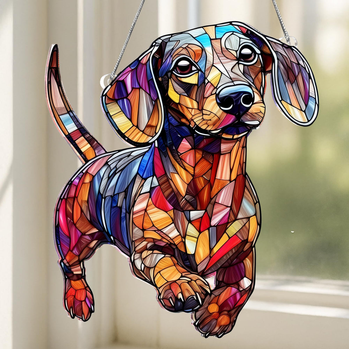 Boyese dachshund suncatcher is lightweight and easy to hang.